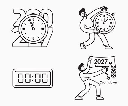 New Year 2027 Countdown Icon Set Featuring Vector Symbols for 2027 Wall Clock Midnight, Man Holding Big Pocket Watch, Digital 00 00 Timer, and Countdown Banner