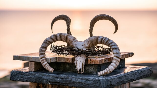 polearm. Ram's horns entwined with thorns on a stone altar at dawn, soft morning light. event programs, museum guides, designed for cultural heritage projects and event programs.