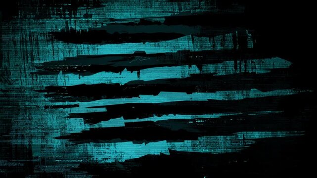 Futuristic Midnight Cyan and Deep Shadow Black Grunge Abstract Background Highlighting Sharp Torn Paper Strips, Tech Brush Patterns, and Scattered Code Text for Cyberpunk Video Edits