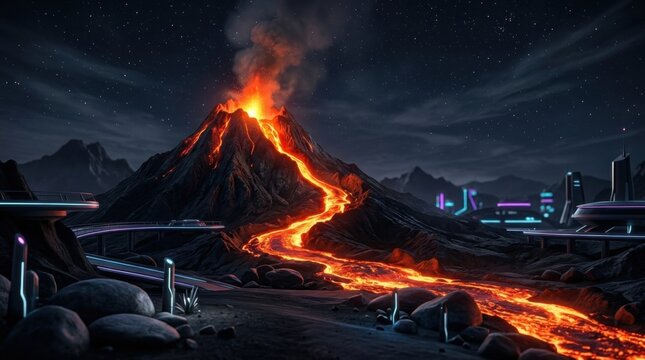 Futuristic sci-fi landscape featuring a large erupting volcano with glowing orange lava flowing down slopes toward a high-tech city with neon lights under a starry night sky.
