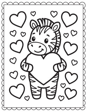 Cute Zebra Coloring Page Holding a Heart Surrounded by Decorative Hearts for Kids Activity Book