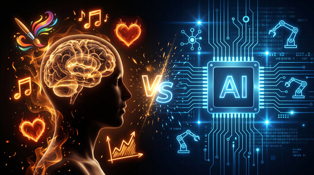 Human brain versus artificial intelligence concept with glowing neural network and digital circuitry