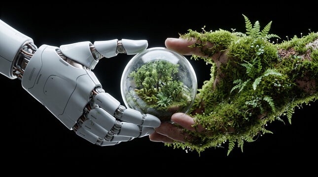 Robotic hand and mossy human hand holding a glass sphere with a miniature forest ecosystem inside