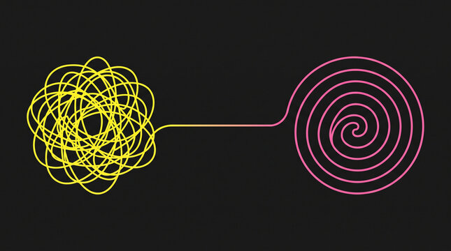 Conceptual illustration of a messy yellow line transforming into a neat pink spiral on a black background