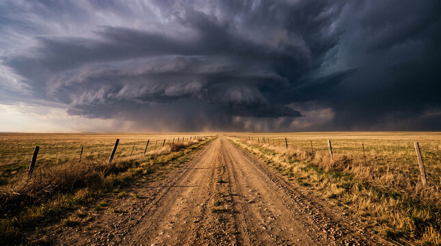 Dramatic supercell storm clouds looming over a desolate dirt road in the vast open plains of the american midwest