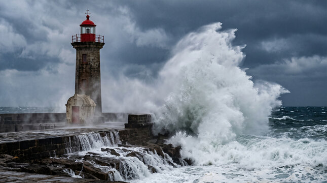 Lighthouse standing against a powerful storm with massive waves crashing over a stone pier under dark cloudy skies