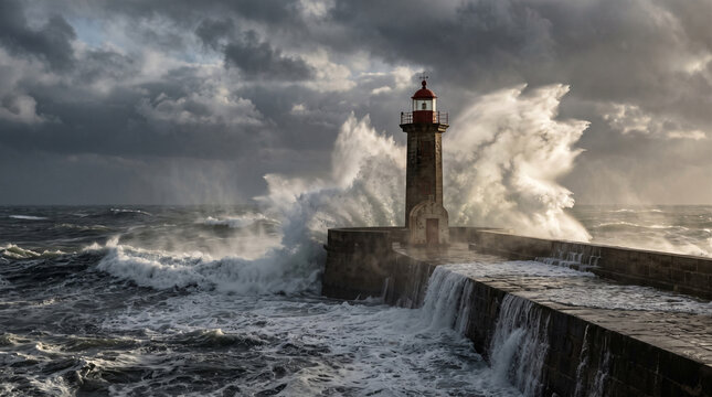Lighthouse on a stone pier during a stormy day with powerful waves crashing against the structure