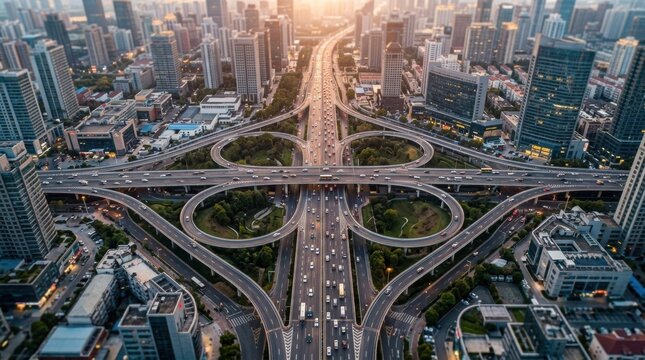 Aerial view of a complex multi-level highway interchange and cloverleaf road junction with dense traffic flow at sunset, surrounded by modern urban skyscrapers and city buildings.