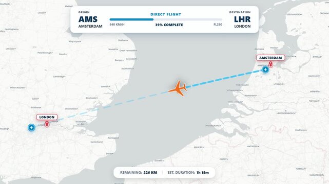 Flight Route Map Amsterdam to London with Airplane and Telemetry HUD 4K Animation