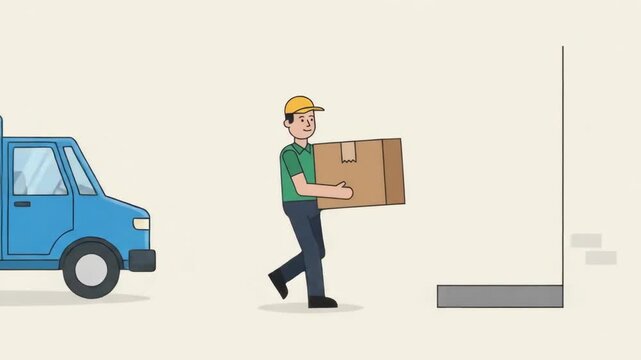 2D flat vector animation of delivery driver delivering cardboard box package from blue van