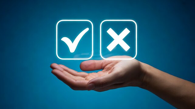 Hand presenting digital check and cross symbols for choice and decision making