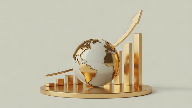 Global business growth concept with golden globe rising bar chart and upward arrow representing economic progress