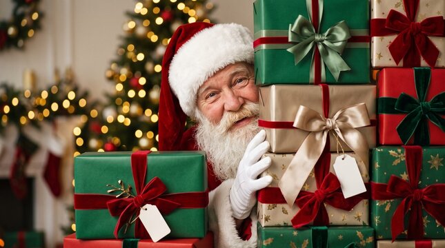 Happy santa claus peeking behind stack of christmas gift boxes in