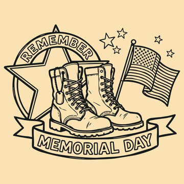 Memorial Day remember vector illustration with military combat boots American flag star emblem ribbon banner and stars honor and remembrance patriotic veteran tribute design