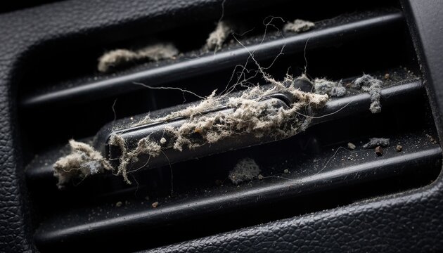 Extreme macro of compacted dust clumps, tiny lint fibers and gray dirt particles trapped deep between car air conditioning vent slats.