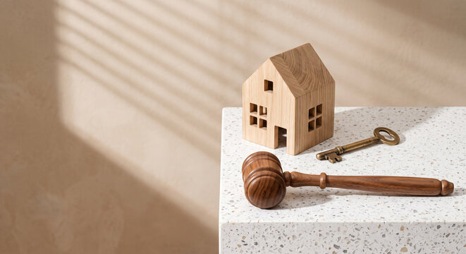Real estate auction and property investment concept with wooden house model, gavel, and brass key on terrazzo podium with copy space