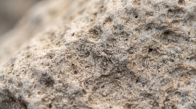Close up of fossilized shells embedded in sedimentary rock