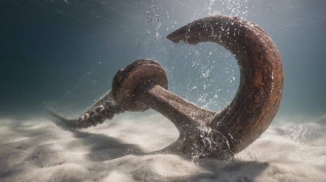 pulled. Ancient iron anchor being pulled from a sandy seabed, water droplets. mobility guides, transit brochures, designed for mobility and urban transit guides, used by photographers.