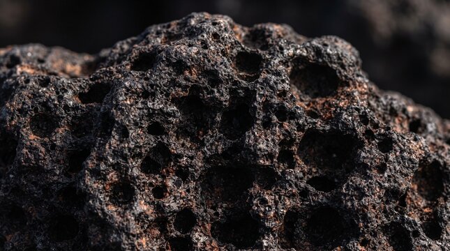 Close up of porous volcanic rock with dark texture and rough surface