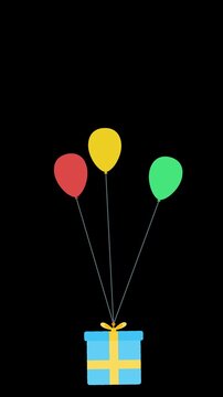 Animated Gift Box Tied To Colorful Balloons Floating Gently Over Solid Black Background