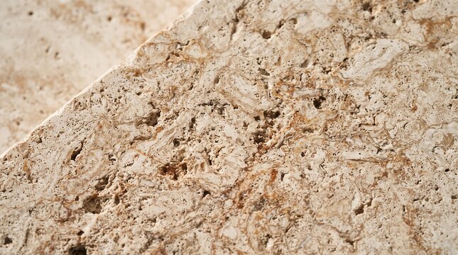 Close up of textured beige travertine stone with natural patterns and holes
