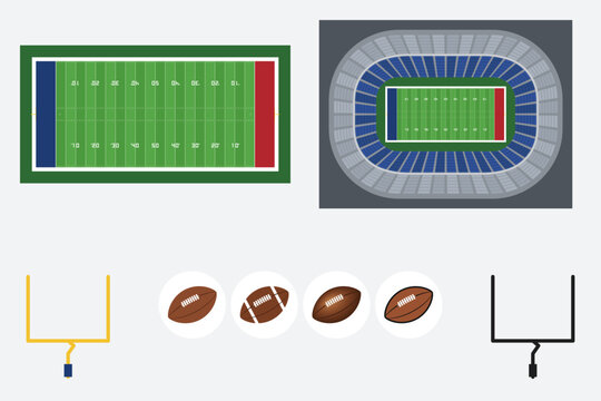 Football kit with a field and a stadium from above, goal posts and four balls on light gray. Concept of football camp flyer, sports app design kit, and game day social media post.