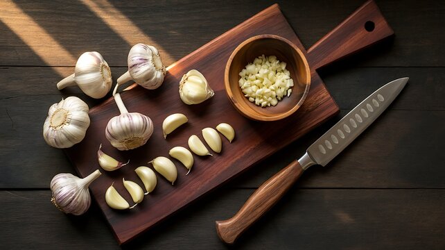 Fresh garlic cloves and chopped garlic on a wooden cutting board with kitchen knife