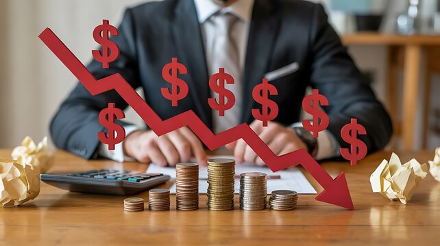 Businessman analyzing falling financial charts with red arrows and declining coin stacks representing economic loss