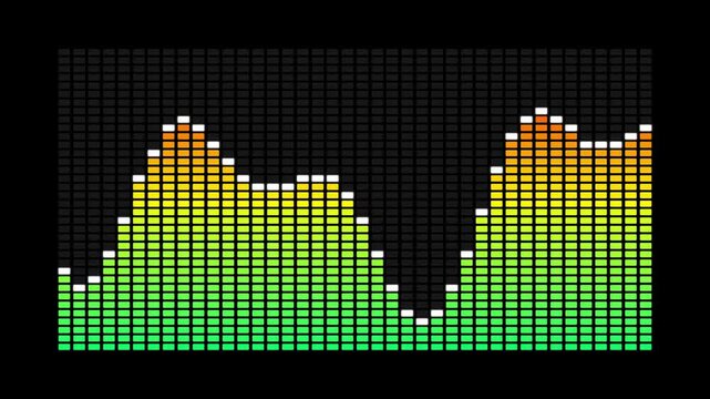 Glowing Digital Audio Equalizer Bars Bounce And Fluctuate In Green Yellow And Orange Gradients Against A Dark Background