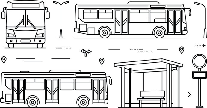 Minimalist city bus transportation vector line art set with front side views station shelter streetlights and map pins