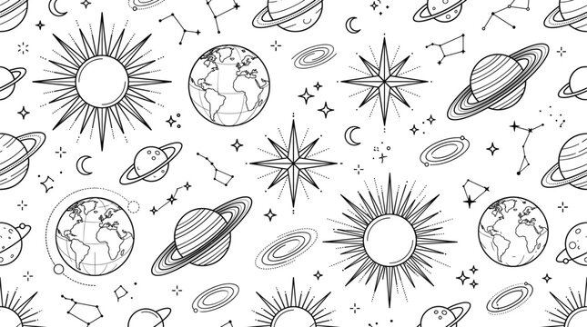 Minimalist solar system seamless pattern line art featuring sun earth saturn stars constellations and galaxies vector elements