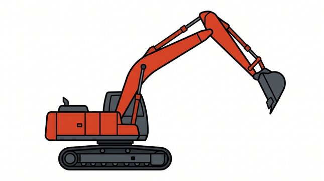 Cartoon mid size hydraulic excavator side view isolated on white