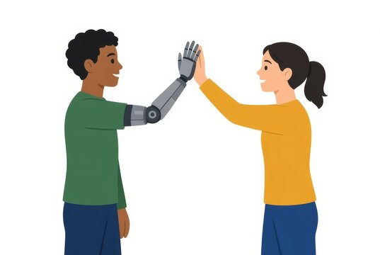 Person with a prosthetic arm sharing a high five