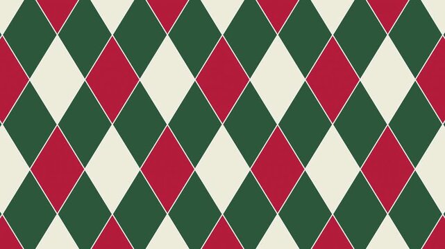 Green And Cream Harlequin Diamond Pattern Sliding And Shifting Into A Festive Red Geometric Argyle Backdrop