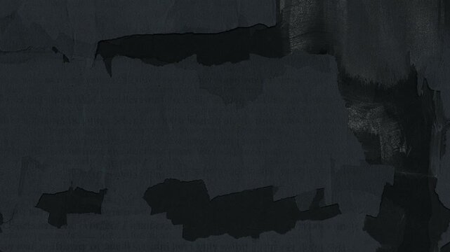 Ultra Minimalist Dark Titanium and Pure Black Grunge Abstract Background with Torn Paper Collage, Subtle Brush Shading, and Faded Words Overlay for Sleek Dark Mode Video Designs