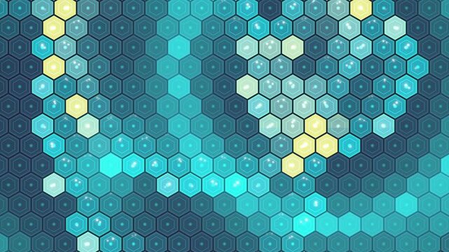 Hexagonal Honeycomb Grid With Swirling Cyan And Yellow Luminous Waves Moving Across A Dark Blue Digital Matrix Background