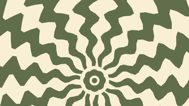 Abstract rotating green and cream geometric pattern with dynamic radiating wavy lines creating hypnotic optical movement for modern graphic background design