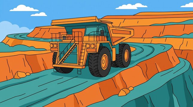 Cartoon ultra class mining haul truck climbing switchback road in pit