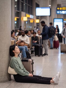 Exhausted traveler sitting on crowded airport floor during flight delay