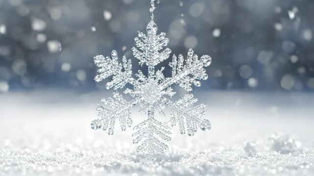 Crystalline snowflake hanging over a winter landscape during snowfall