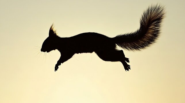 midair. A sequence of silhouetted frames showing a squirrel leaping against a bright sky. wildlife magazines, conservation campaigns, designed for nature documentaries and education.