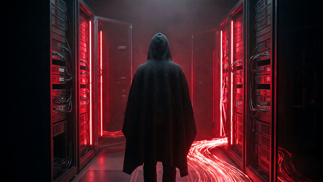 フード付きの黒いマントの後ろ姿とサーバーラックの間を流れる赤い光の筋