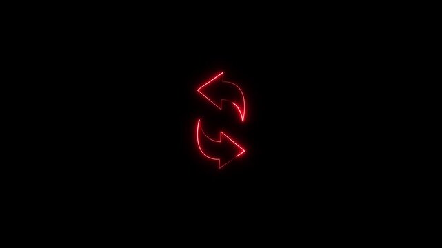 Glowing red neon refresh animation, rotating circular arrows sign for ui and digital interface reload
