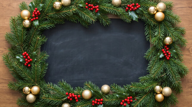 Rustic Christmas wreath framing a blackboard, festive holiday border with gold ornaments and red berries, winter greenery frame on wooden background