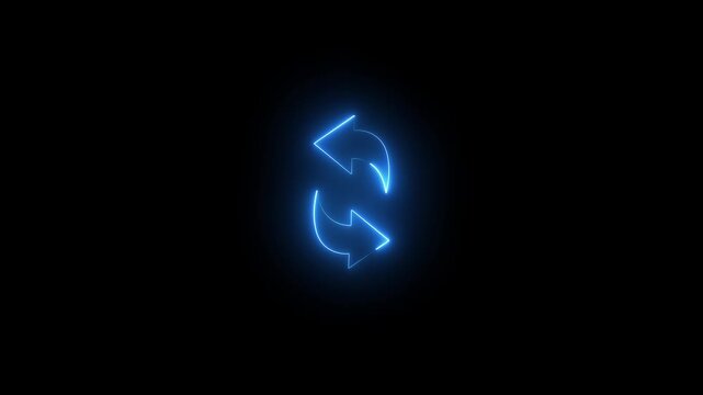 Neon blue refresh animation, glowing circular arrows loading symbol for ui digital interface on black background