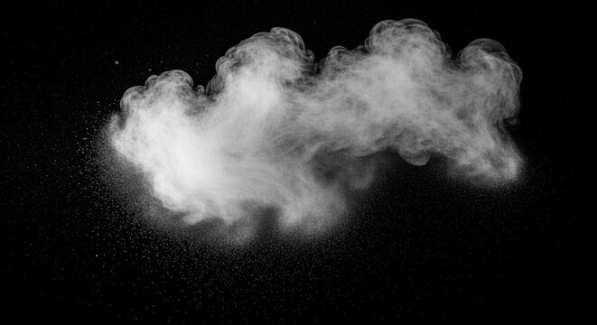 White powder explosion and dust particles dispersing in a horizontal motion against a dark black background, creating a high-contrast cloud of fine spray and mist.