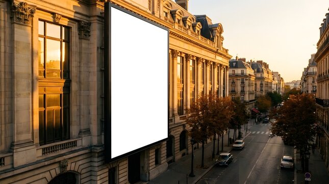 Blank vertical billboard on a classic parisian building facade