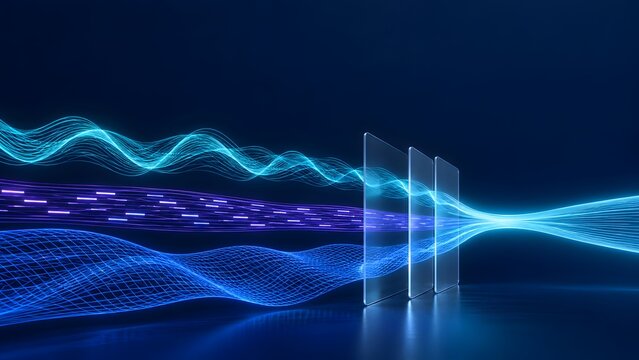 Abstract Futuristic Digital Data Flow Passing Through Transparent Glass Panels, High-Speed Fiber Optic Communication and Network Connectivity Concept on a Dark Blue Background