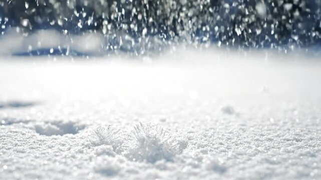 Snowflakes falling onto a fresh white snow field under bright light