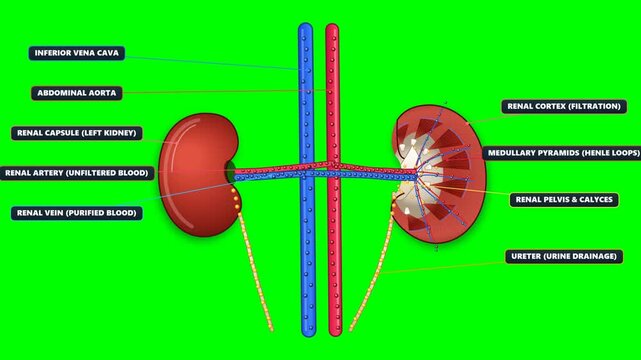 Medical 2D flat animation loop of human kidneys urinary system showing cross section anatomy, renal artery blood flow, nephron microscopic filtration, and urine excretion to bladder on chroma key gree
